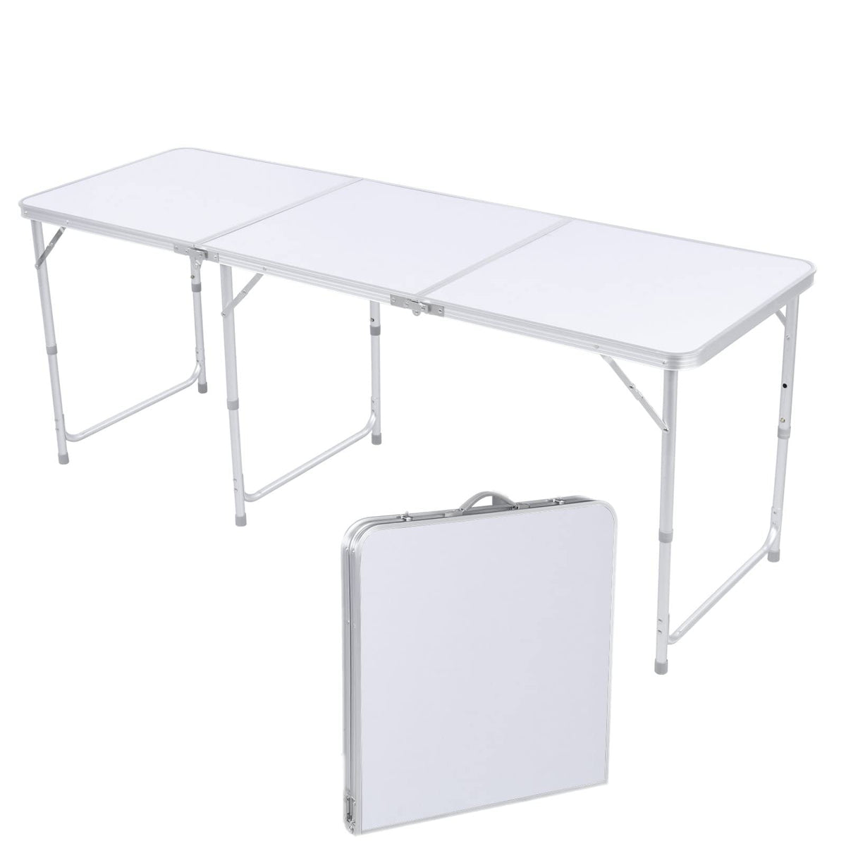 Aluminum Folding Table 6 FT, Adjustable Height Picnic Table with Carry Handle, Lightweight Foldable Camping Desk for Picnic, BBQ, Party, Patio, Beach, Indoor & Outdoor Use, White B7825