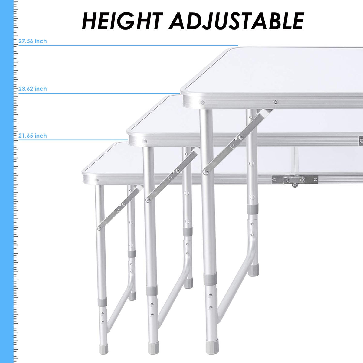 Aluminum Folding Table 6 FT, Adjustable Height Picnic Table with Carry Handle, Lightweight Foldable Camping Desk for Picnic, BBQ, Party, Patio, Beach, Indoor & Outdoor Use, White B7825