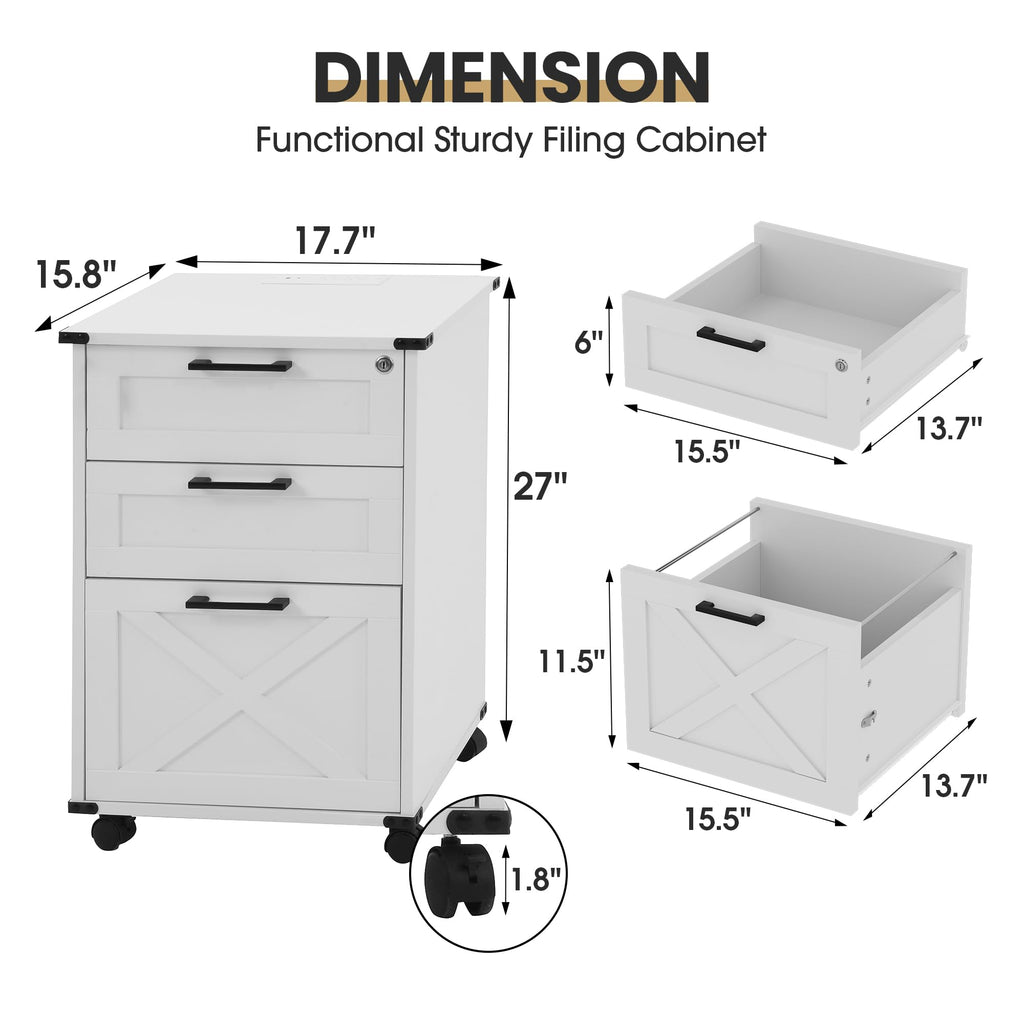 Small Wood File Cabinet with Charging Station and Lock, 3 Drawers X323