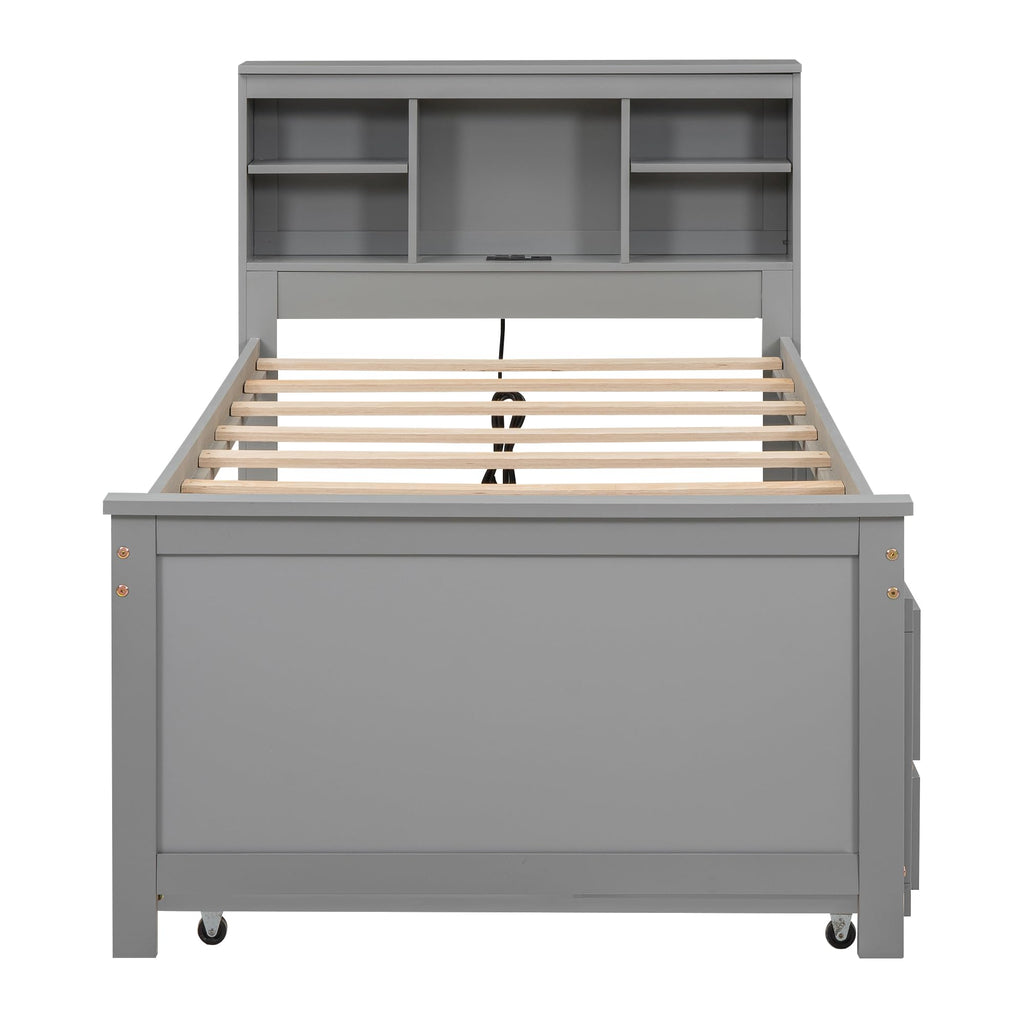 Twin Size Wood Platform Bed with Trundle and 3 Drawers R654
