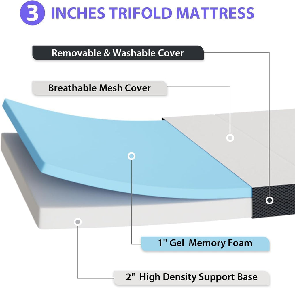 3 inch Tri Fold Memory Foam Mattress with Mesh Cover Z7385