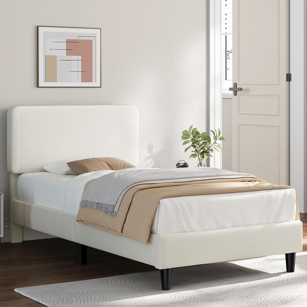 Twin Bed Frame with Adjustable Chenille Upholstered Headboard, Beige K6410