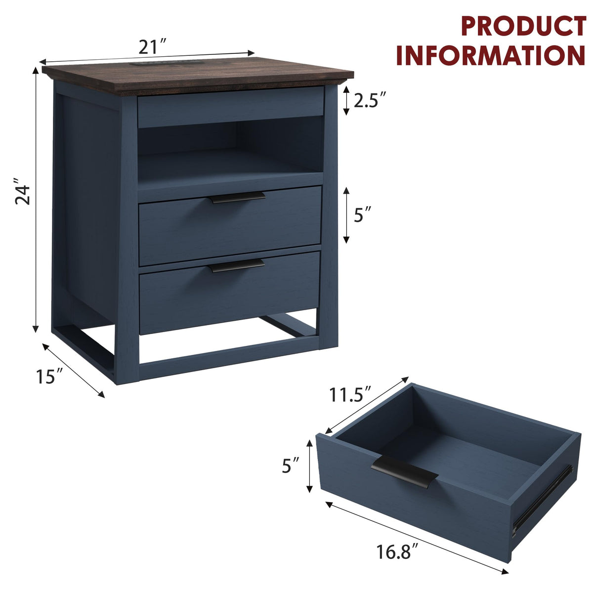 3 Drawer Nightstand with Charging Station and LED Lights Q837