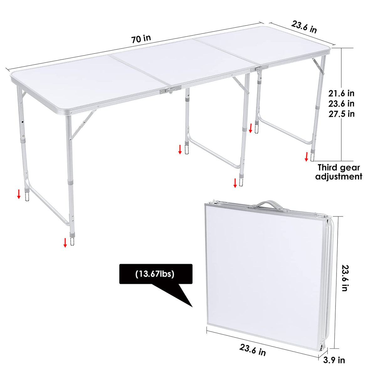 Aluminum Folding Table 6 FT, Adjustable Height Picnic Table with Carry Handle, Lightweight Foldable Camping Desk for Picnic, BBQ, Party, Patio, Beach, Indoor & Outdoor Use, White B7825
