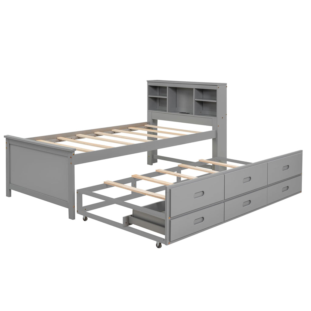 Twin Size Wood Platform Bed with Trundle and 3 Drawers R654