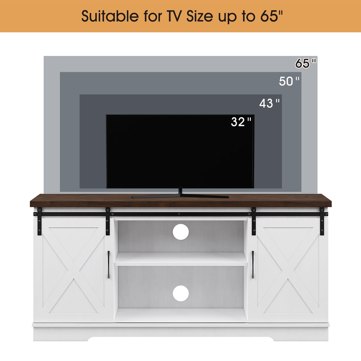 White Wood TV Stand with Sliding Barn Doors L507