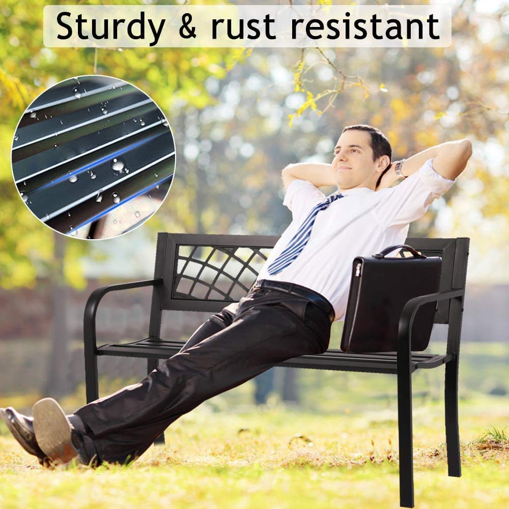 Black Metal Outdoor Patio Bench with Armrests X349298