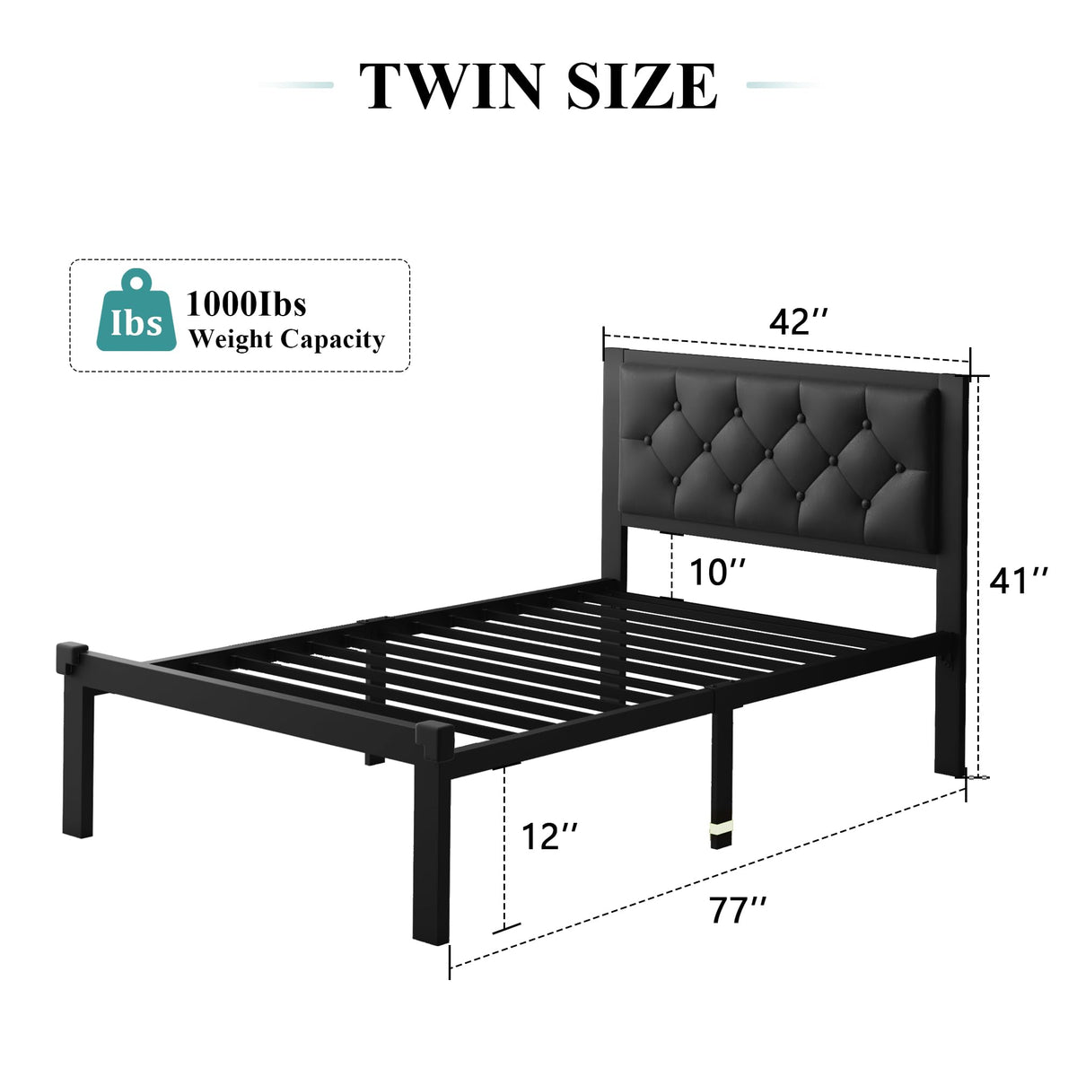 Twin Size Black Metal Platform Bed Frame with Faux Leather Button Tufted Headboard Y714