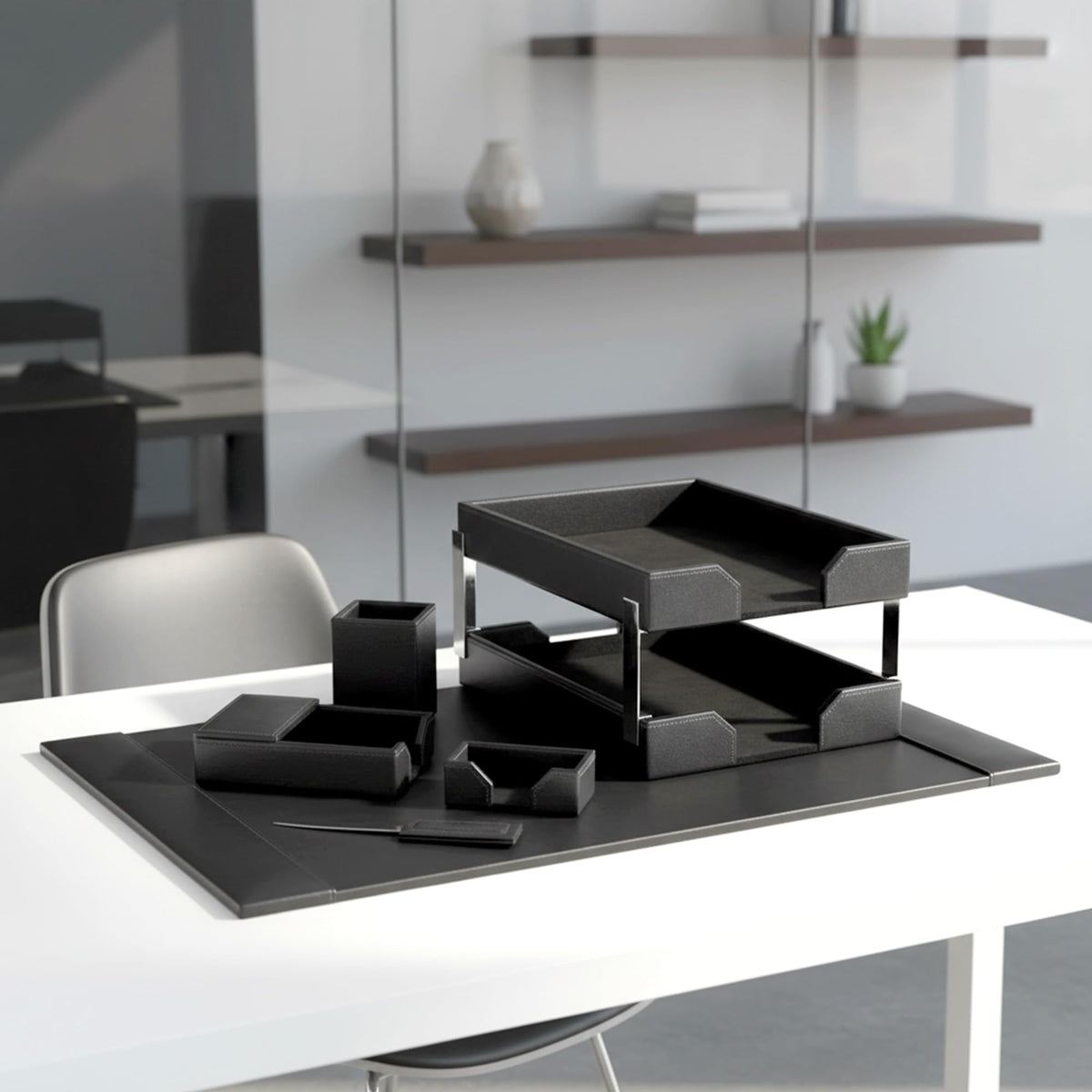 Black 8 Piece Bonded Leather Desk Set T37109