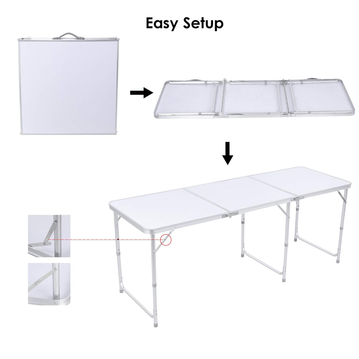Aluminum Folding Table 6 FT, Adjustable Height Picnic Table with Carry Handle, Lightweight Foldable Camping Desk for Picnic, BBQ, Party, Patio, Beach, Indoor & Outdoor Use, White B7825