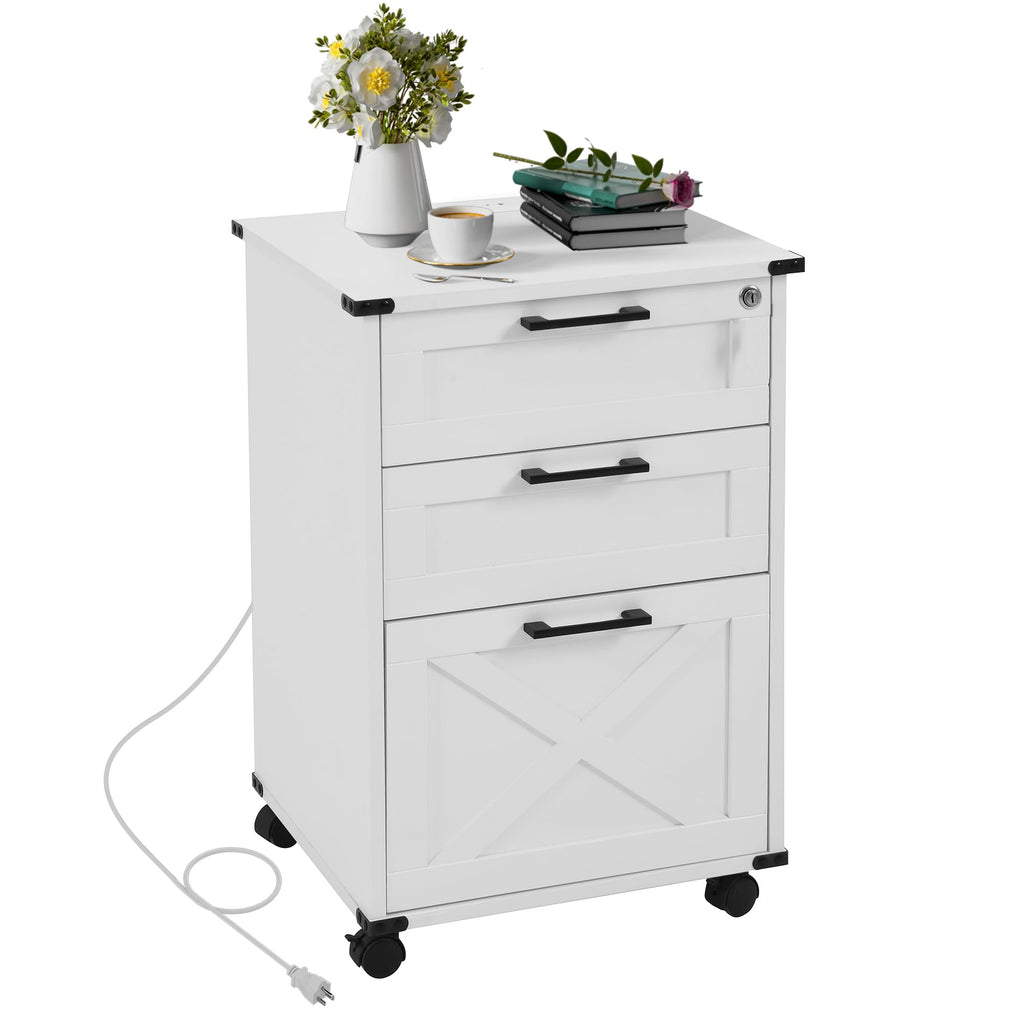 Small Wood File Cabinet with Charging Station and Lock, 3 Drawers X323