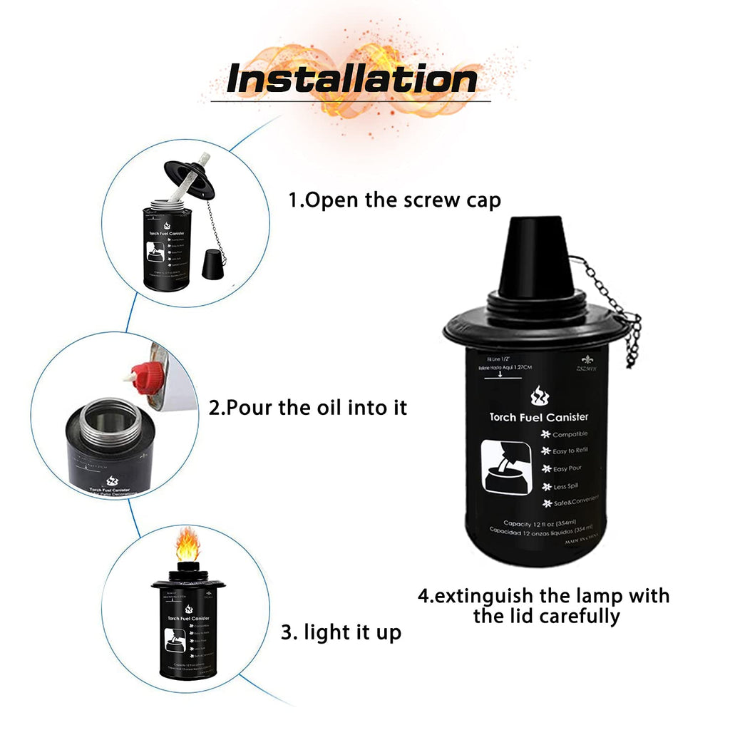 6 Pack 12 oz Refillable Torch Canisters with Wicks and Covers H250811