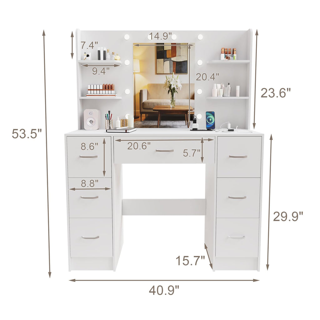 Large White Vanity Desk with LED Lighted Mirror & 7 Drawers F176