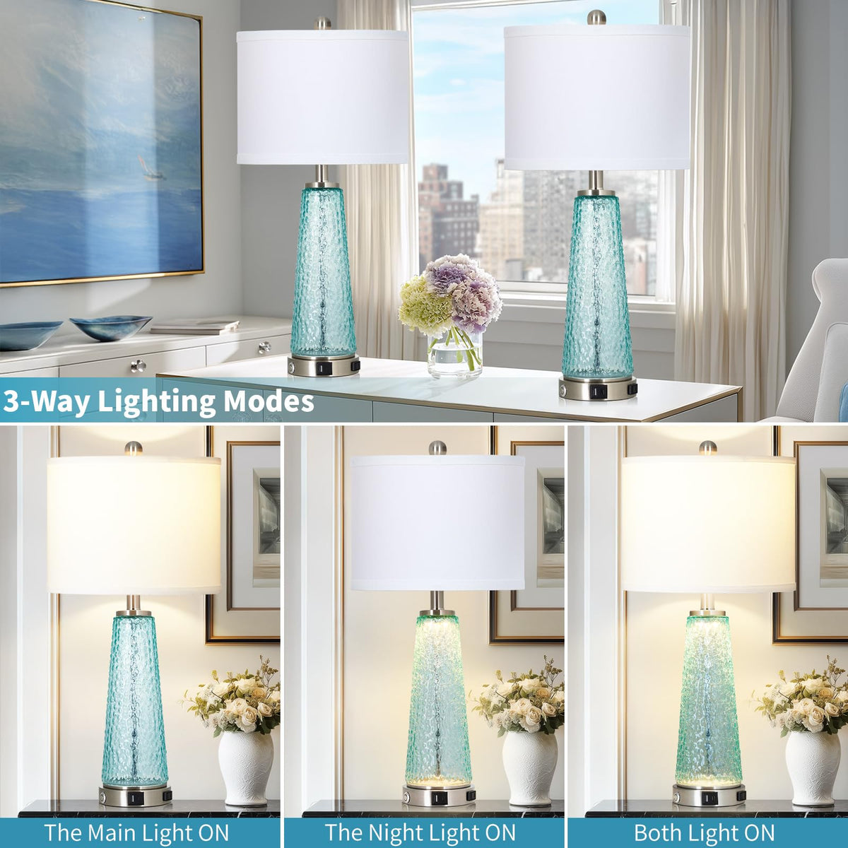 26" Glass Table Lamps with USB A+C Ports & Outlet V754454