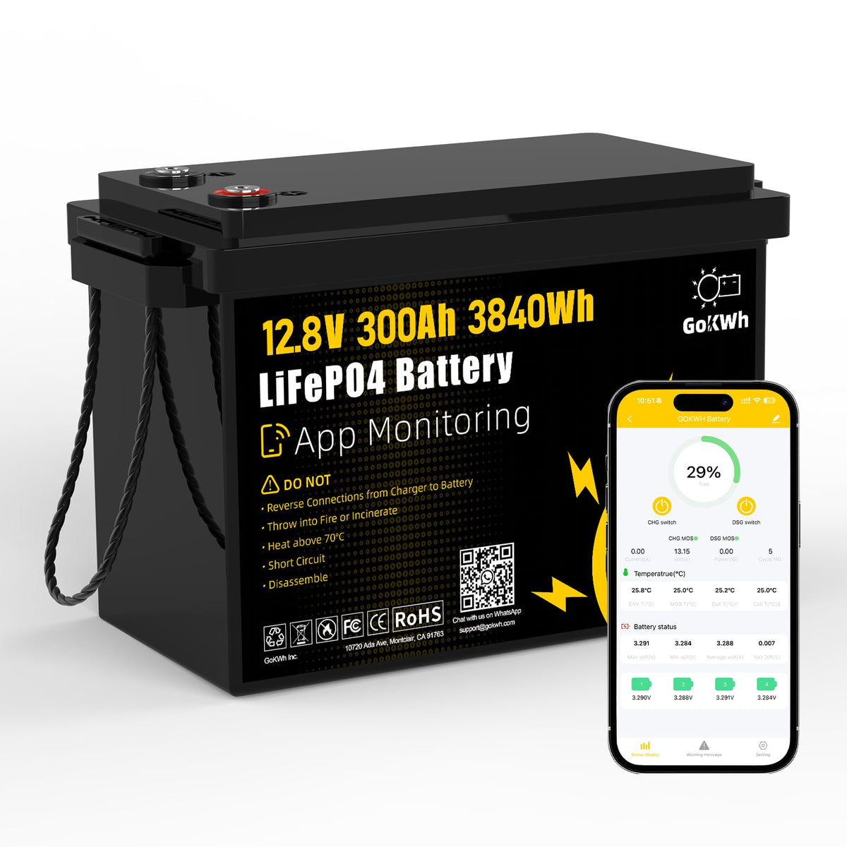 12V 300Ah LiFePO4 Battery with 200A BMS A164741