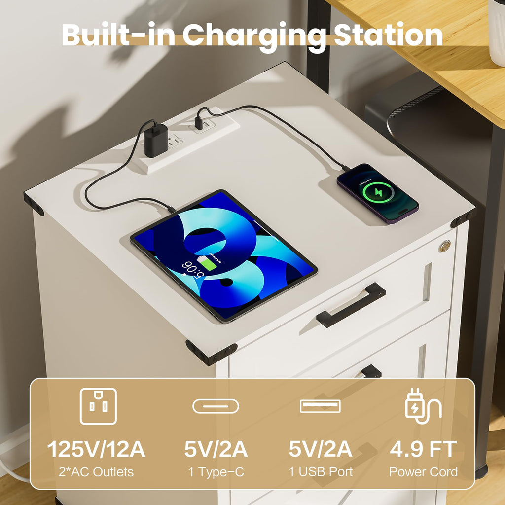 Small Wood File Cabinet with Charging Station and Lock, 3 Drawers X323