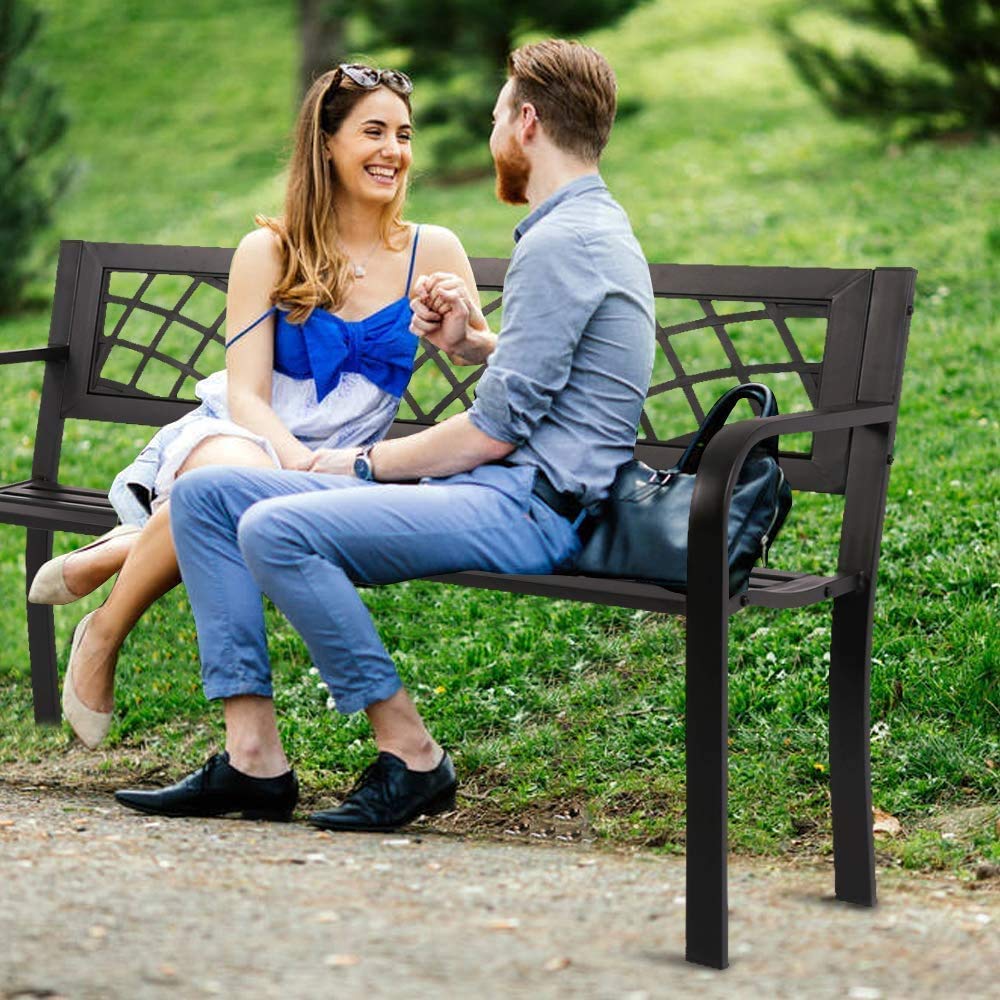 Black Metal Outdoor Patio Bench with Armrests X349298