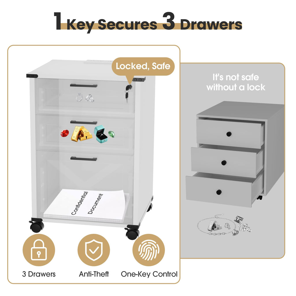 Small Wood File Cabinet with Charging Station and Lock, 3 Drawers X323