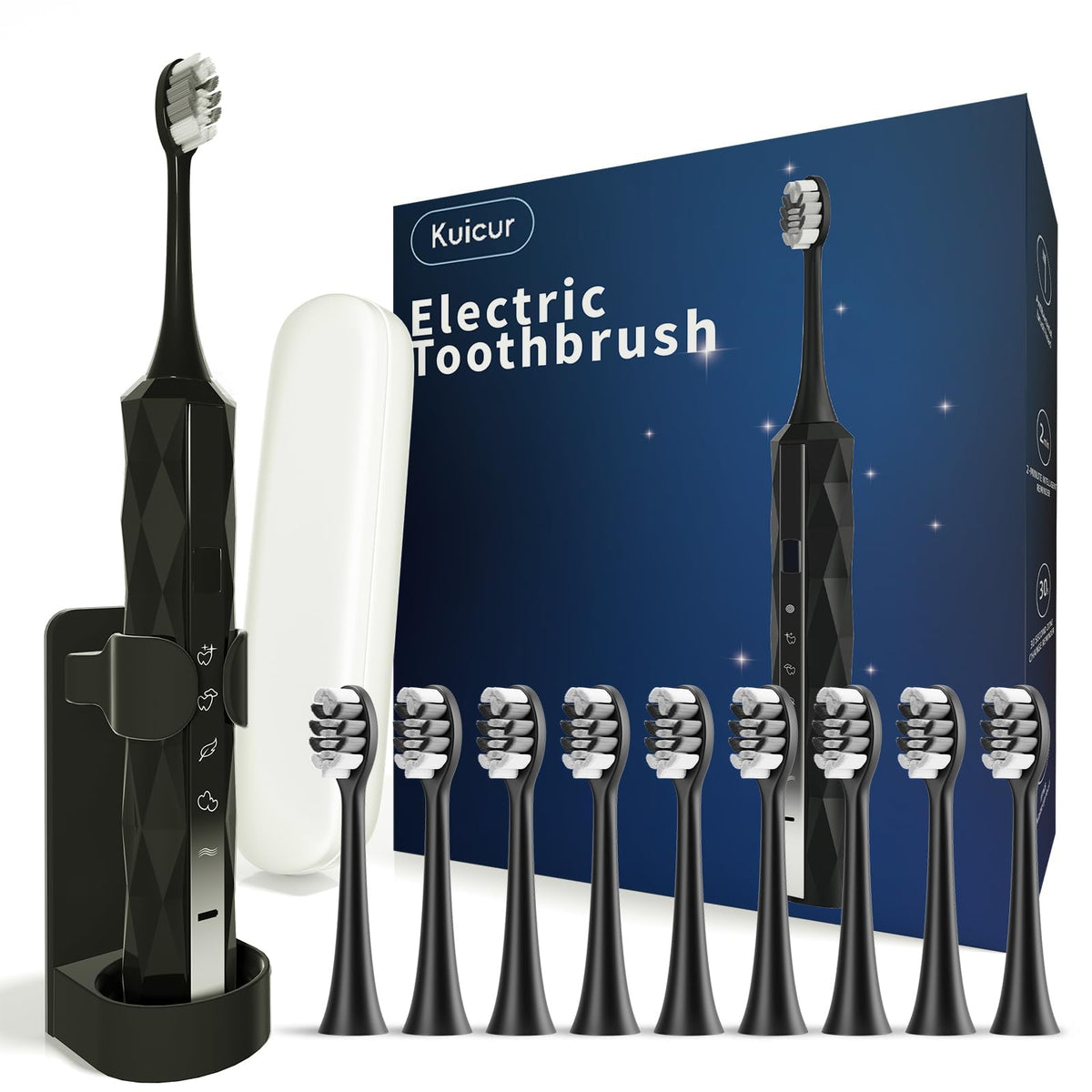 Sonic Electric Toothbrush with 10 Brush Heads & Travel Case, Black K1371