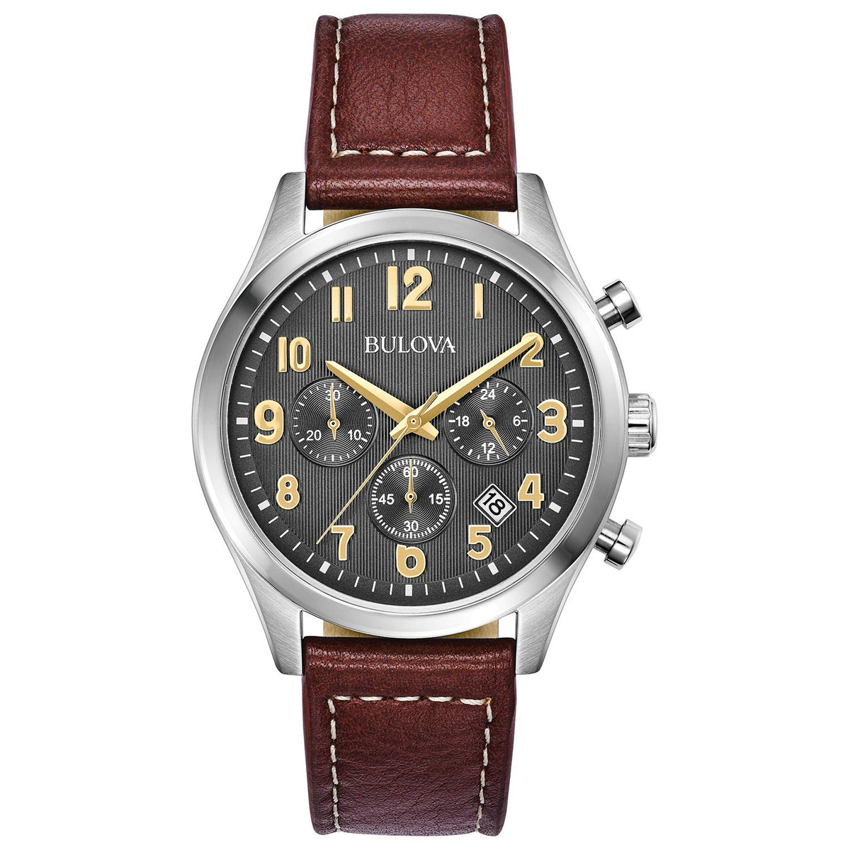Men's Stainless Steel Chronograph Quartz Leather Strap Watch with Grey Dial, Gold Accents, 41mm M720