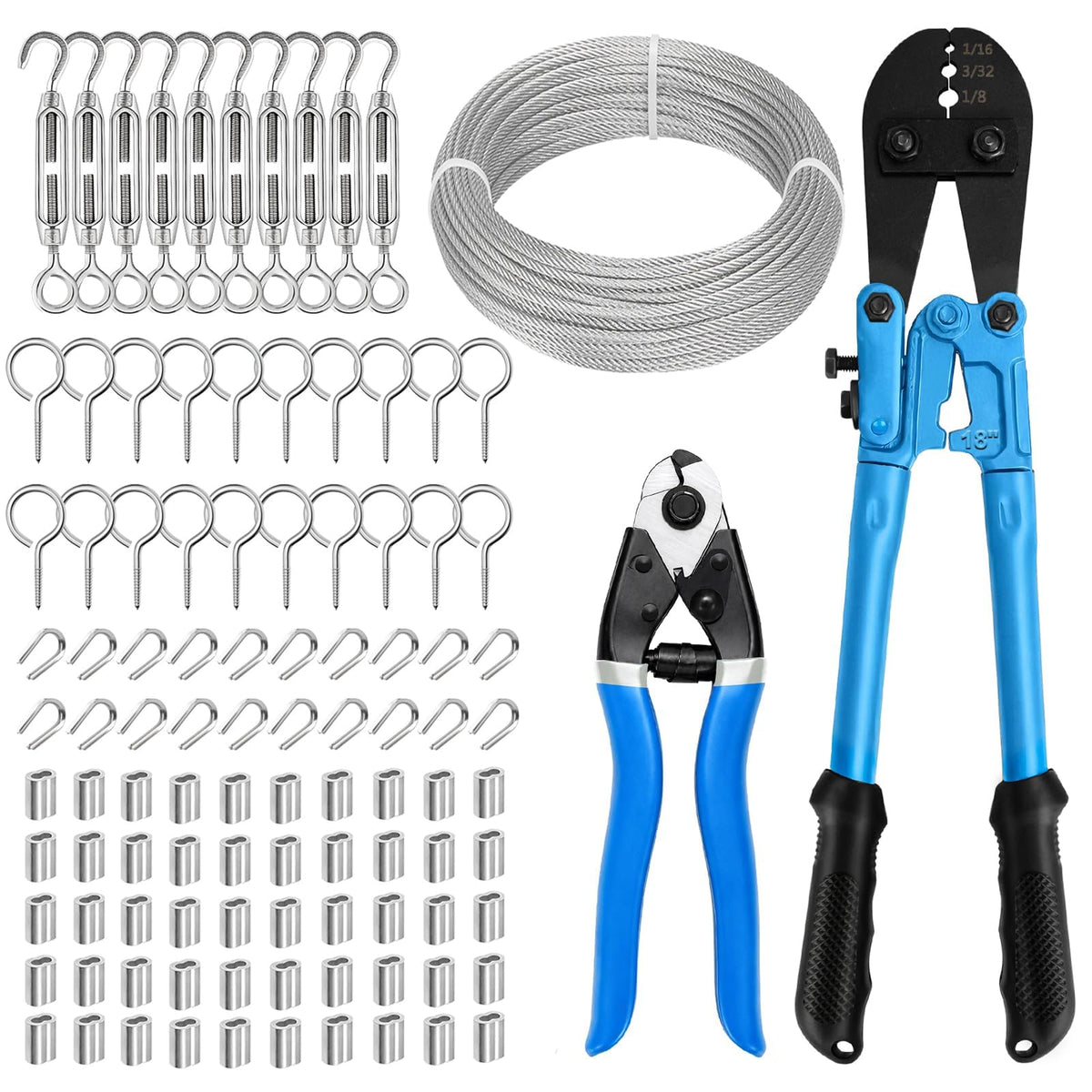 1/8 Wire Rope Kit, 100ft Stainless Steel Cable with Crimping Tool & Cutter V9174