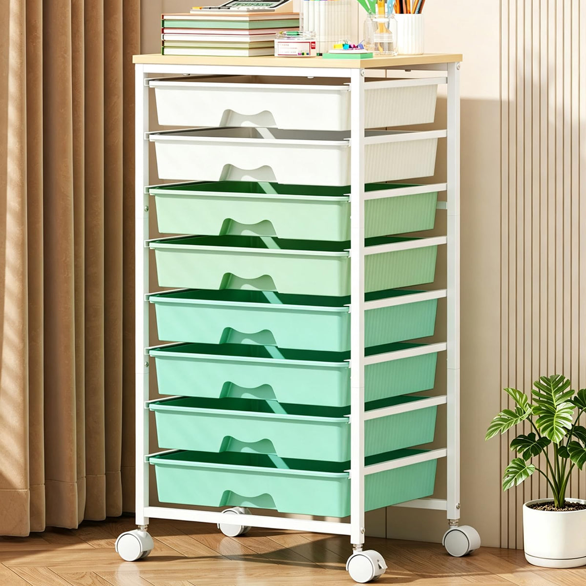 Green Rolling Cart with 8 Drawers H18347