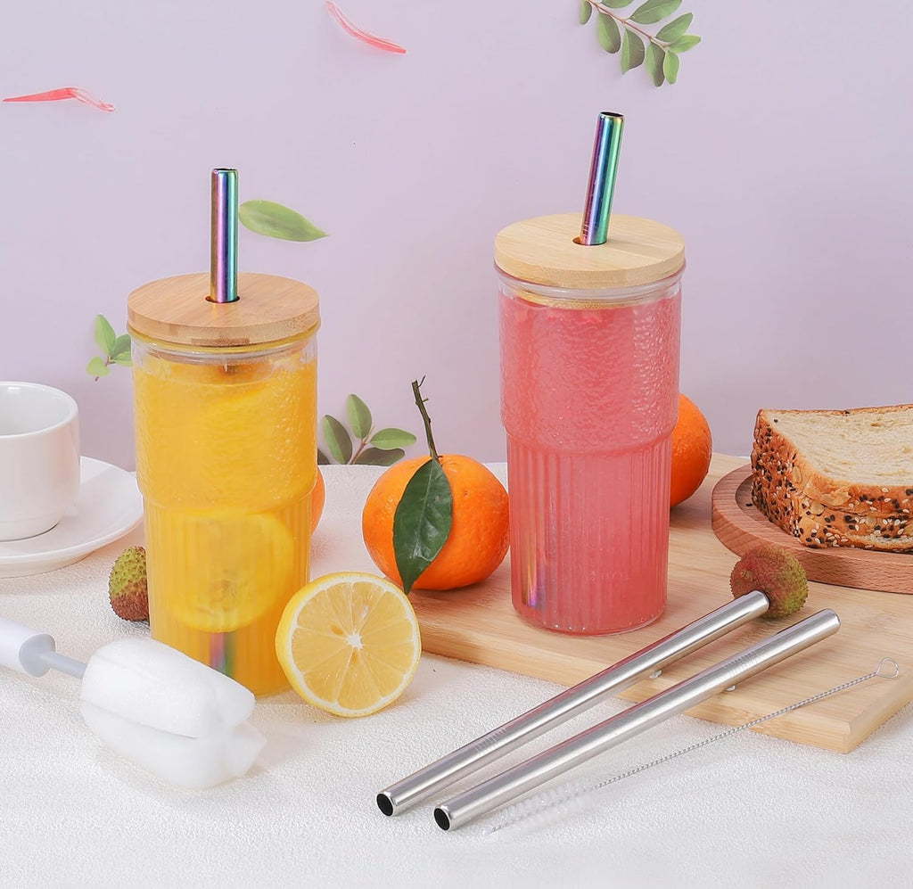 22oz Glass Cups Set with Bamboo Lids and Straws U15161
