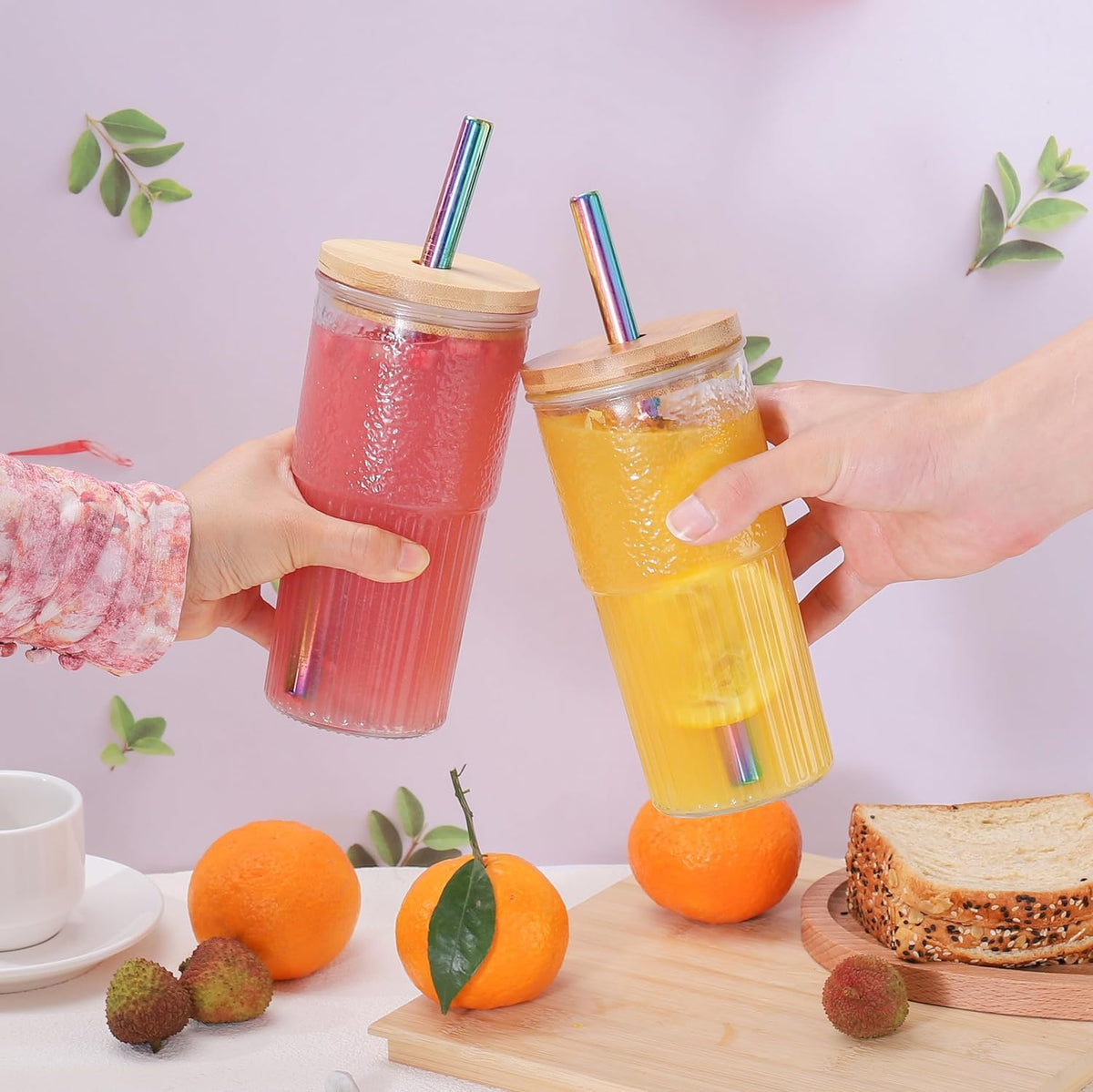 22oz Glass Cups Set with Bamboo Lids and Straws U15161