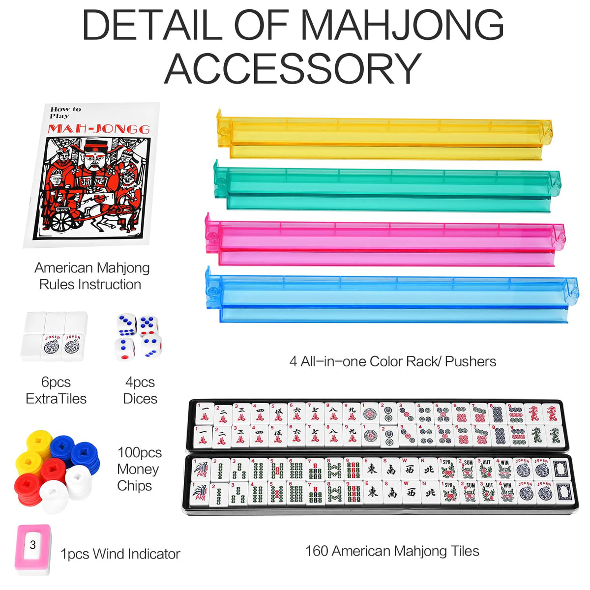 American Mahjong Set with 4 Rack Pushers & Carry Bag T9604
