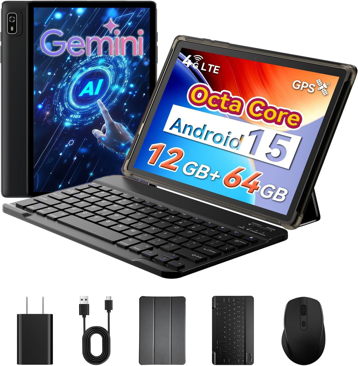 10 inch 2-in-1 Android 15 Tablet with Keyboard, Mouse, and Case, 4G LTE, 12GB RAM + 64GB ROM, Octa-Core, IPS Display, 5G Wi-Fi, GPS, Bluetooth F2035