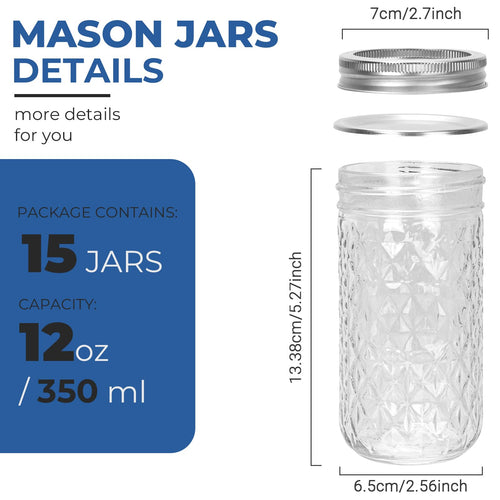 12 oz Regular Mouth Glass Mason Jar 15 Pack M8842