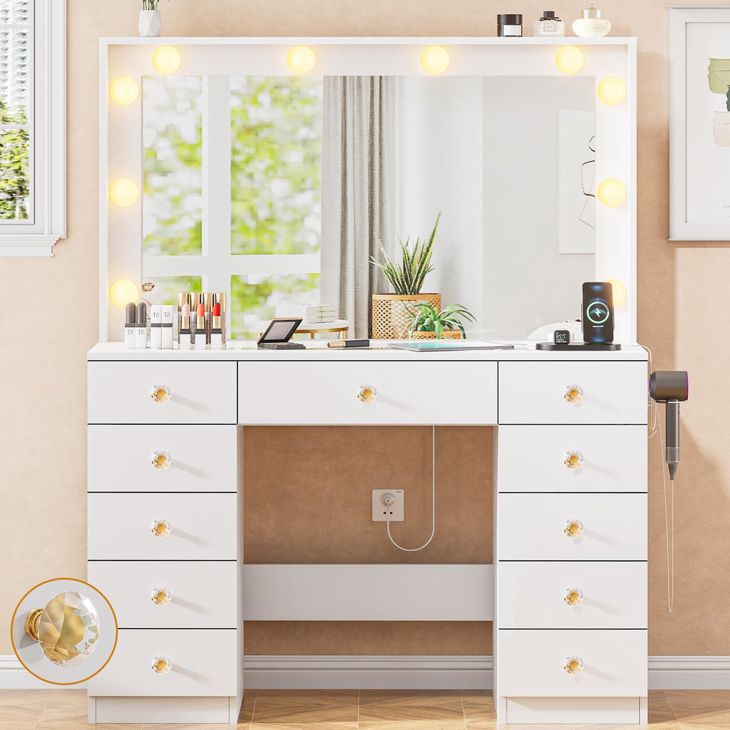 White Vanity Desk with Mirror 10 LED Lights 11 Drawers Z7619