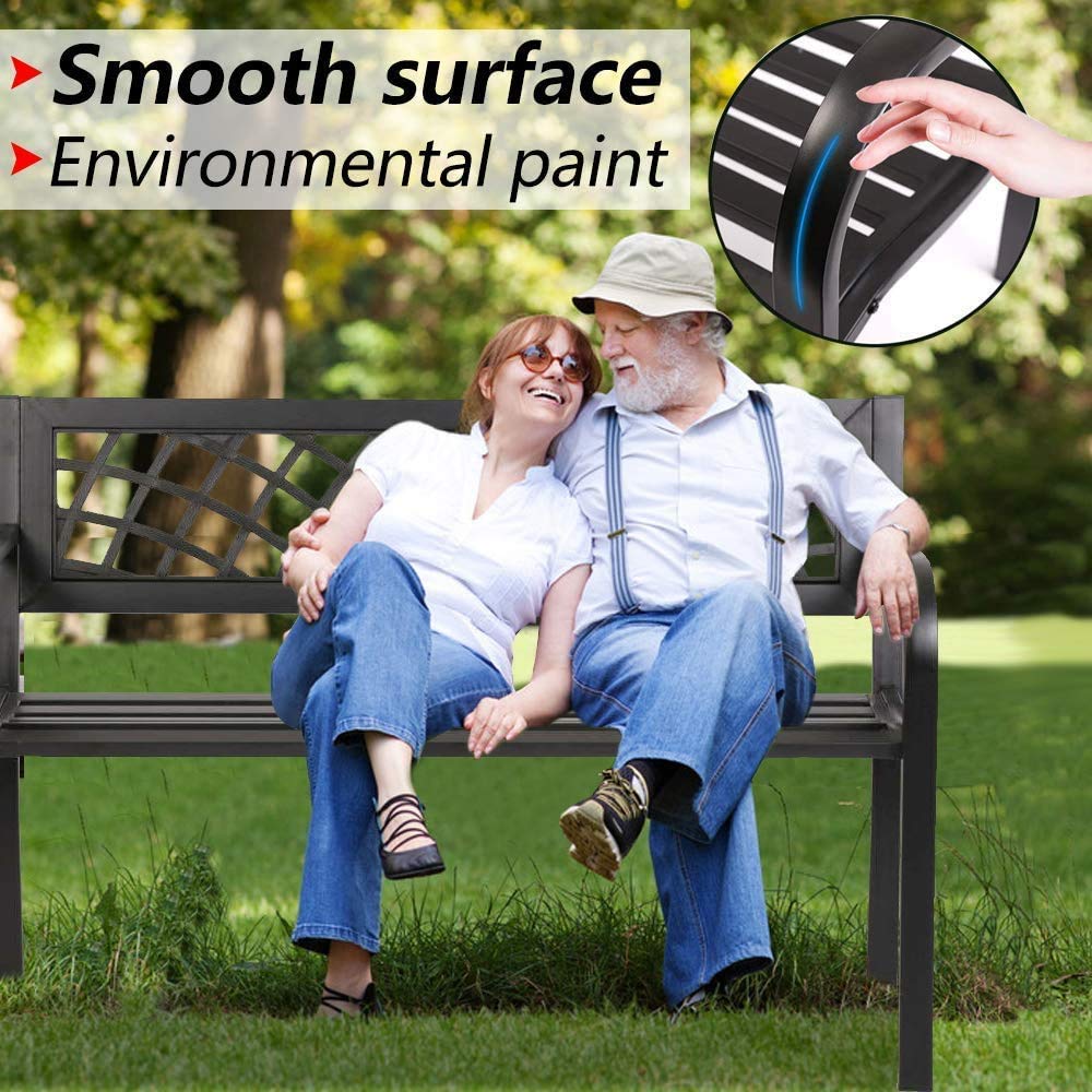 Black Metal Outdoor Patio Bench with Armrests X349298