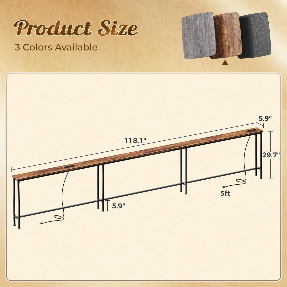 118 Inch Sofa Table with Power Outlets Y3650