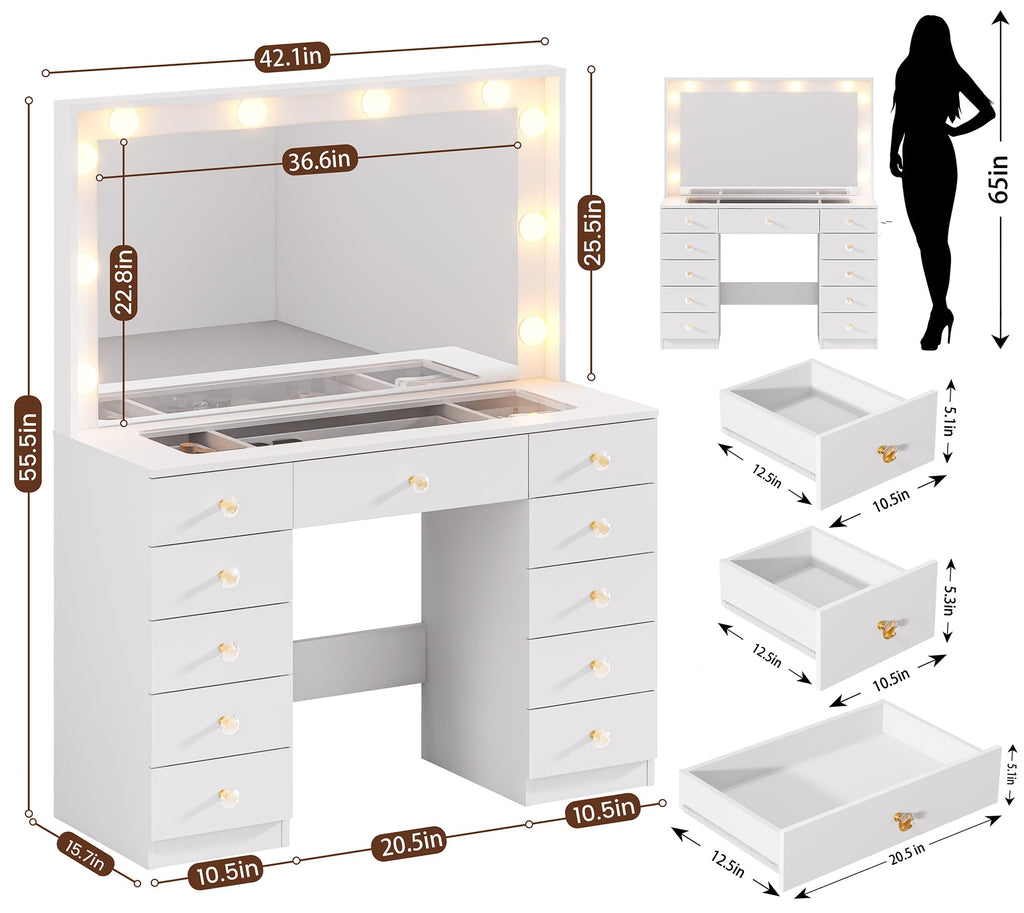 White Vanity Desk with Mirror 10 LED Lights 11 Drawers Z7619