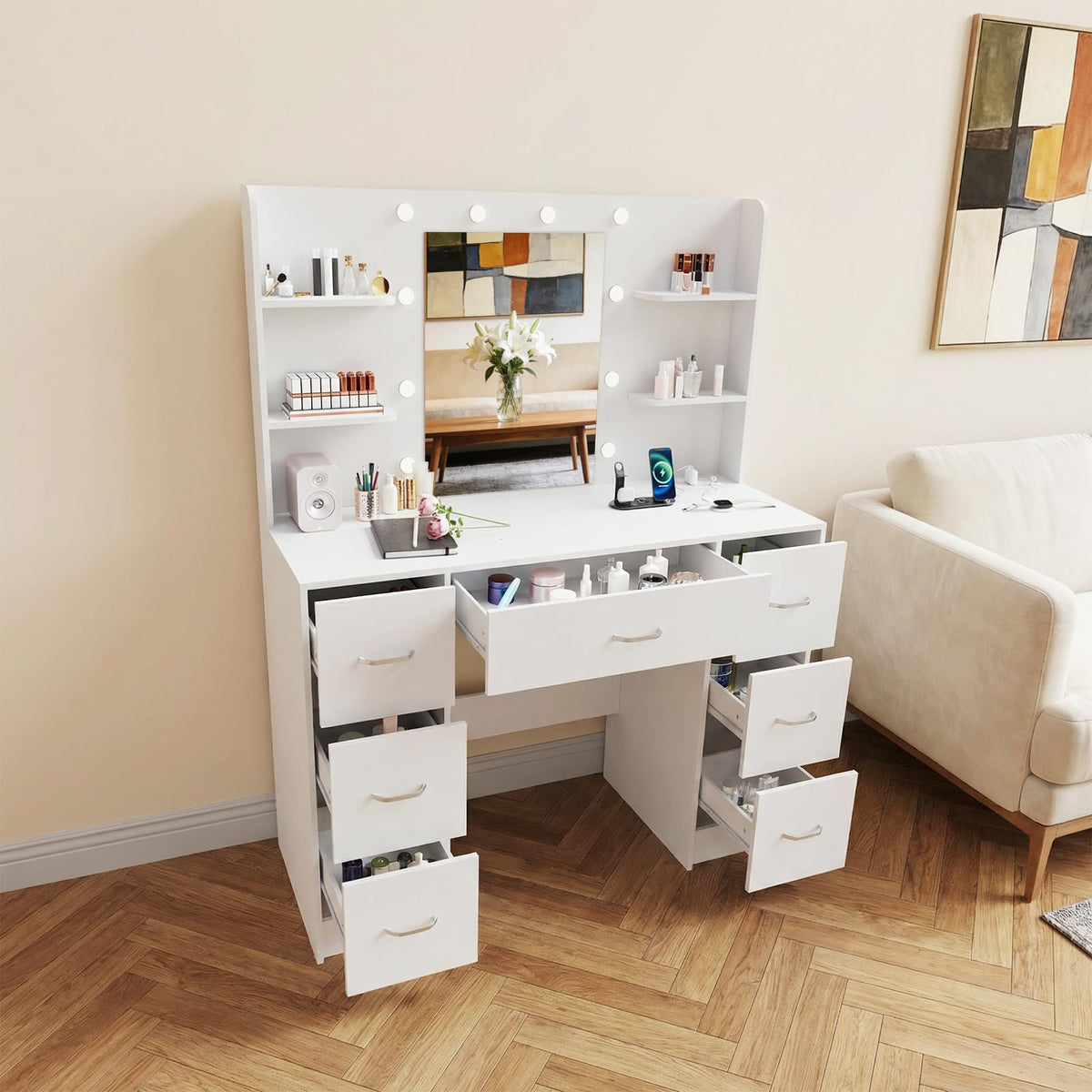 Large White Vanity Desk with LED Lighted Mirror & 7 Drawers F176