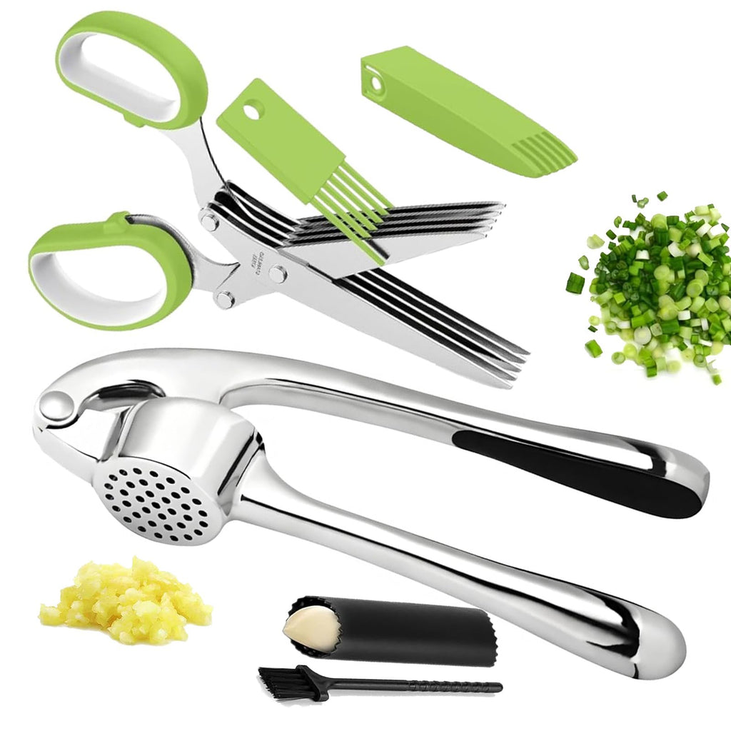 Stainless Steel 2 in 1 Garlic Press and Herb Scissors I8383