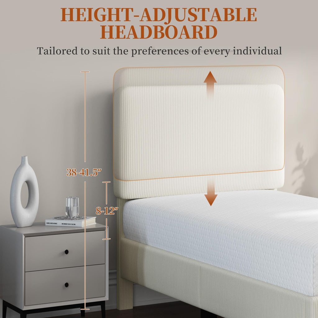 Twin Bed Frame with Adjustable Chenille Upholstered Headboard, Beige K6410