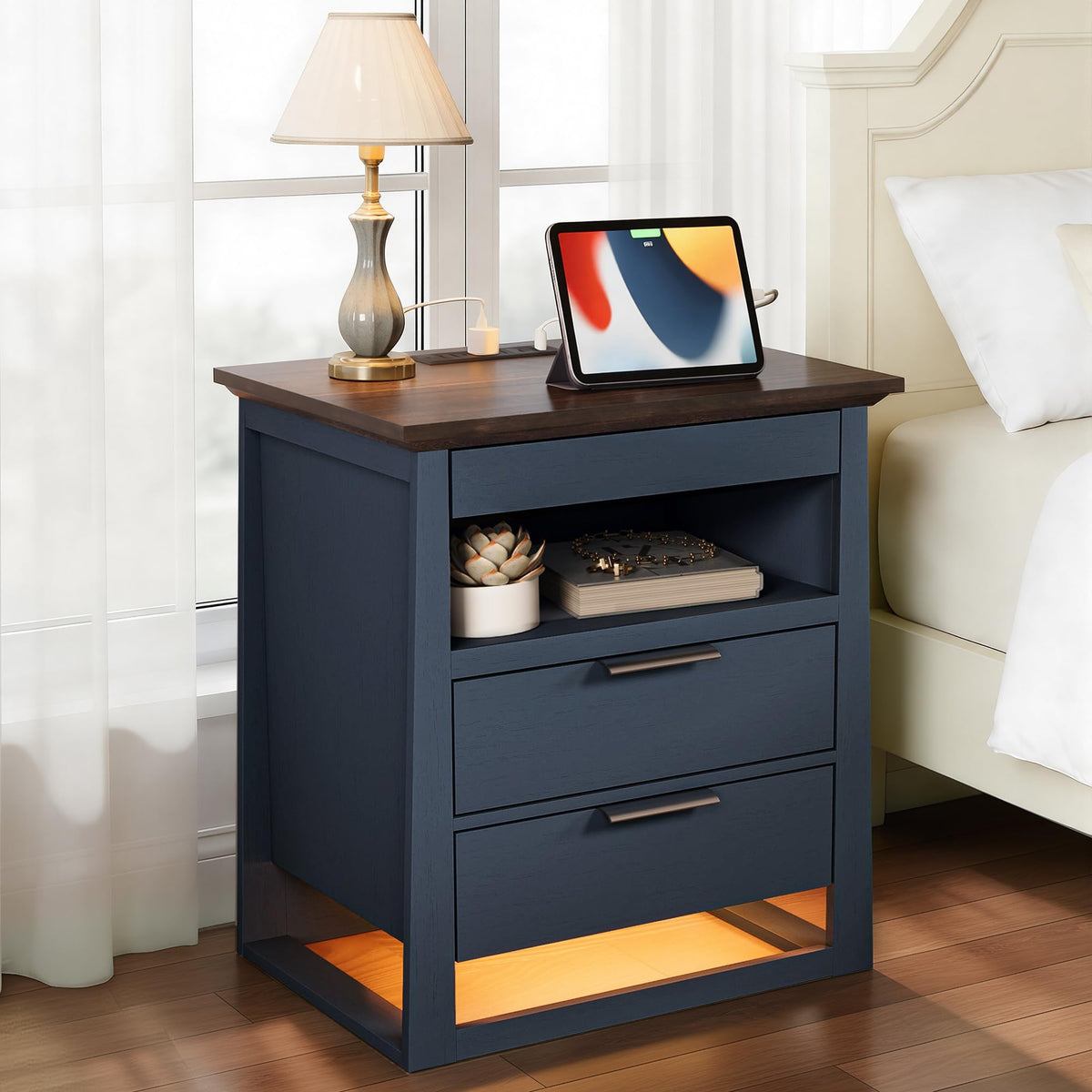 3 Drawer Nightstand with Charging Station and LED Lights Q837