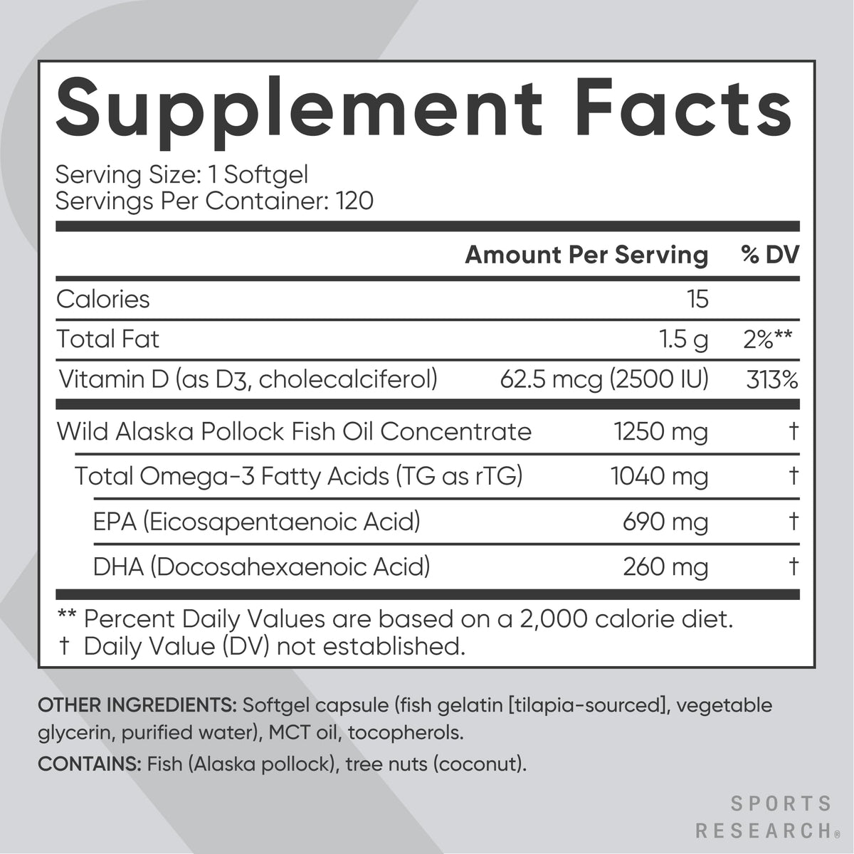 Omega-3 Fish Oil 1250mg + D3 2500iu, 120 Count B680