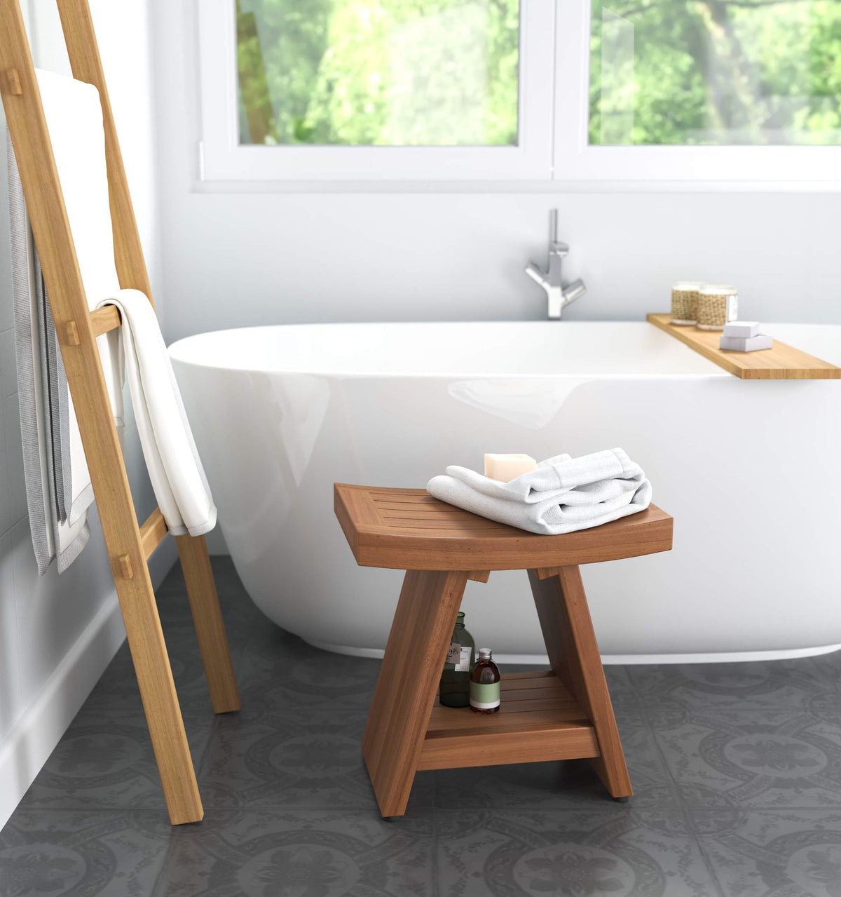 18" Teak Shower Bench with Shelf K59305