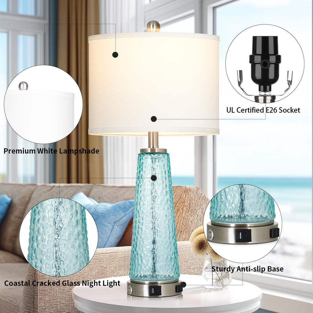 26" Glass Table Lamps with USB A+C Ports & Outlet V754454