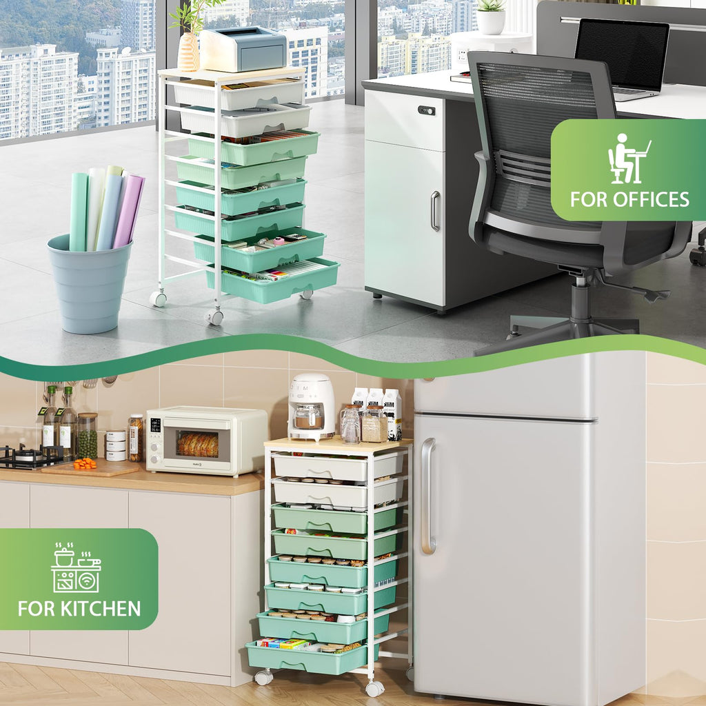 Green Rolling Cart with 8 Drawers H18347