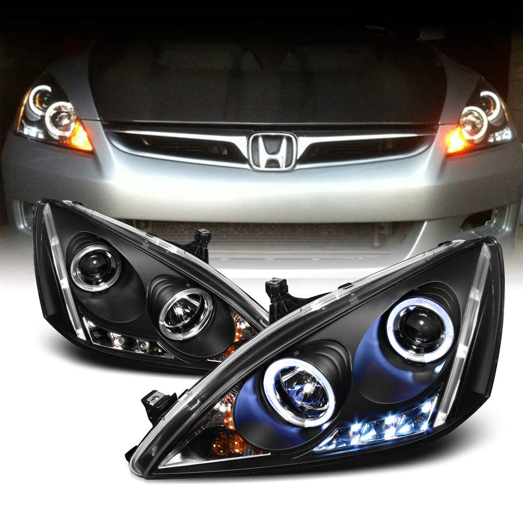 Black Bezel Dual Ring DRL LED Projector Headlights Pair D70848