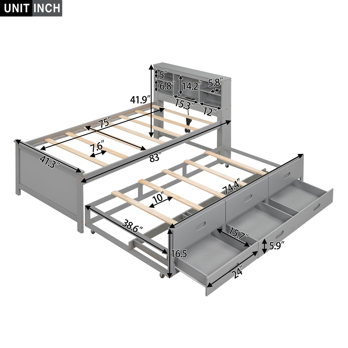 Twin Size Wood Platform Bed with Trundle and 3 Drawers R654