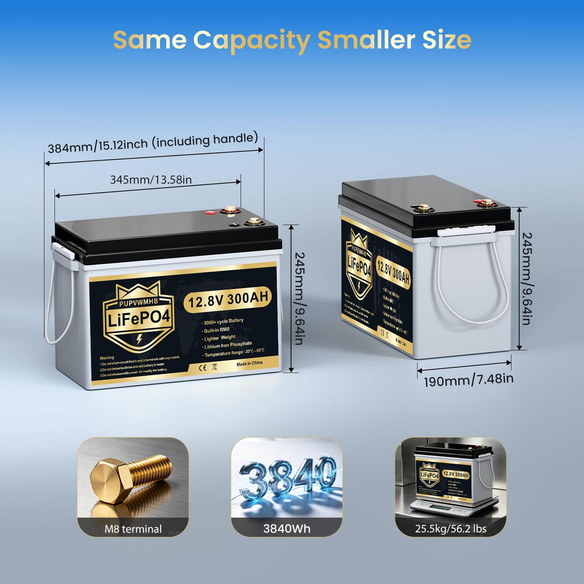 12V 300Ah LiFePO4 Lithium Battery with 200A BMS O533