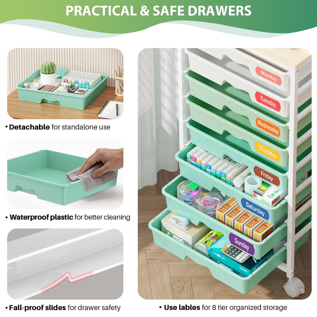 Green Rolling Cart with 8 Drawers H18347