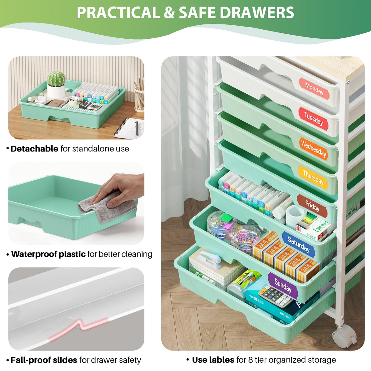 Green Rolling Cart with 8 Drawers H18347