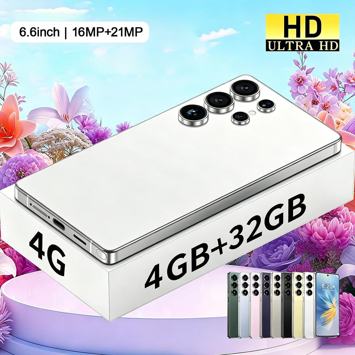 Unlocked 4G Smartphone 6.6" HD Display 4GB+32GB Dual SIM Android 12.0 Black E6888