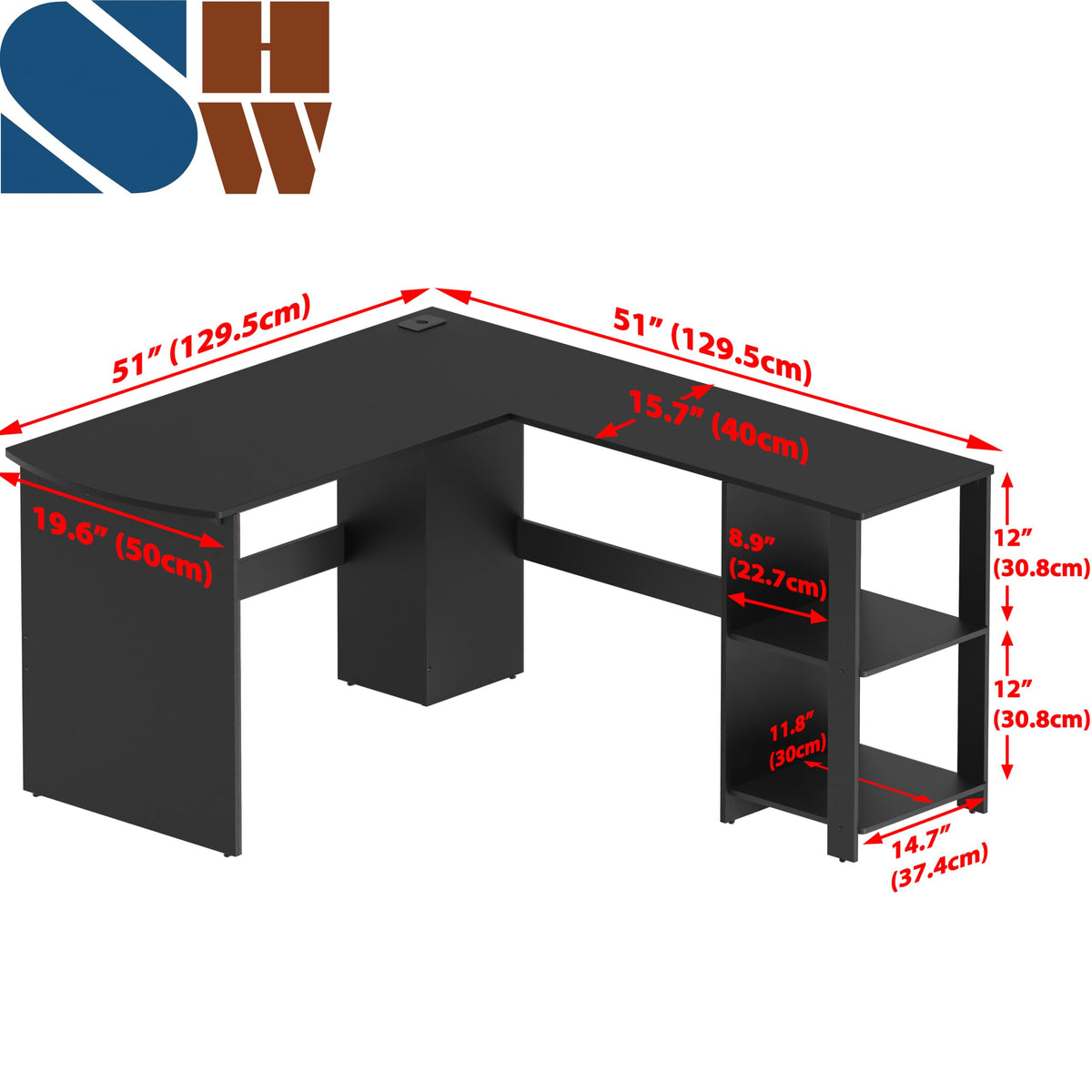 Black L-Shaped Wood Corner Desk with Storage K69805
